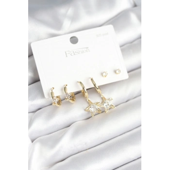 Pirinç Gold Renk Yıldız Model 925 Gümüş Çivili Kadın Küpe Seti