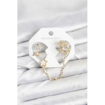 Pirinç Gold Renk Yıldız Model Zincir Bağlantılı Ear Cuff Küpe Seti