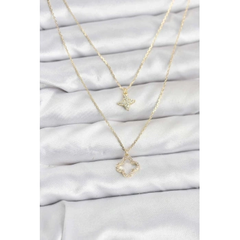 Pirinç Gold Renk Yonca Model 2li Kadın Kolye