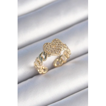Pirinç Gold Renk Zincir Kordon Zirkon Taşlı Kalp Model Kadın Yüzük