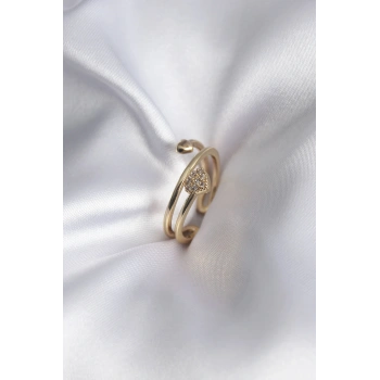 Pirinç Gold Renk Zirkon Taş Detay Kalp Model Kadın Yüzük