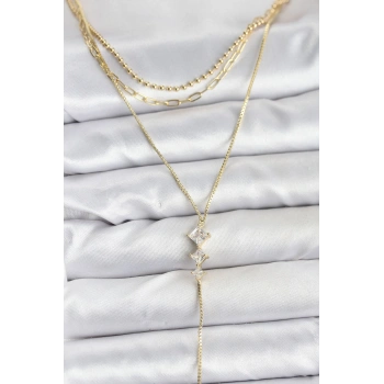 Pirinç Gold Renk Zirkon Taş Detaylı 3lü Kombin Y Kadın Kolye