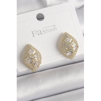Pirinç Gold Renk Zirkon Taş İşlemeli Damla Model Kadın Küpe
