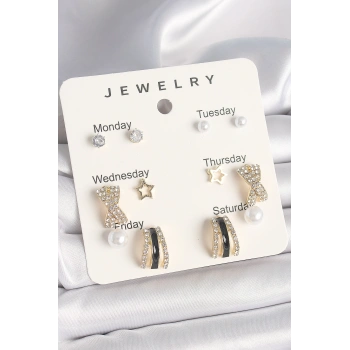 Pirinç Gold Renk Zirkon Taş Yıldız Detaylı İncili 7Li Set Kadın Küpe Seti