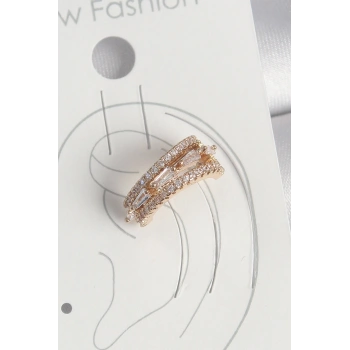 Pirinç Gold Renk Zirkon Taşlı 3Lü Sıralı Model Kadın Kıkırdak Küpe