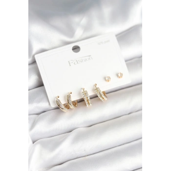 Pirinç Gold Renk Zirkon Taşlı 925 Gümüş Çivili Kadın Küpe Seti