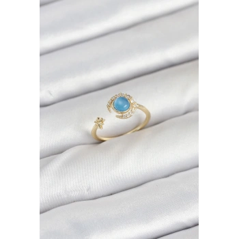 Pirinç Gold Renk Zirkon Taşlı Ay Yıldız Kadın Yüzük