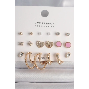 Pirinç Gold Renk Zirkon Taşlı Burug Halka Model İşlemeli Kalp Detay 9 Çift Kadın Küpe Seti