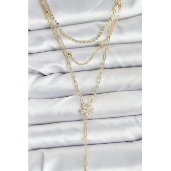 Pirinç Gold Renk Zirkon Taşlı Çiçek Model Detaylı 3lü Kombin Y Kadın Kolye