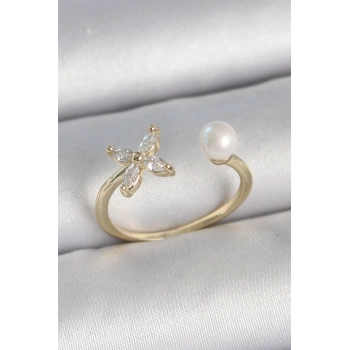 Pirinç Gold Renk Zirkon Taşlı Çiçek Model İnci Detay Ayarlanabilir Kadın Yüzük