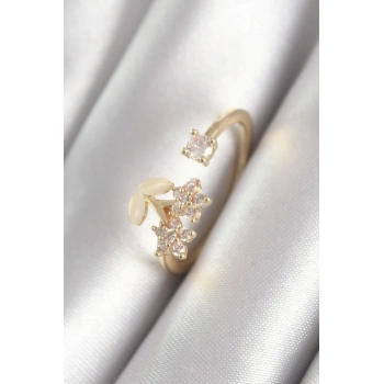 Pirinç Gold Renk Zirkon Taşlı Çiçek Model Kadın Yüzük