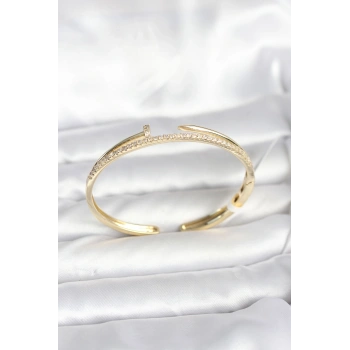 Pirinç Gold Renk Zirkon Taşlı Çivi Model Kadın Kelepçe Bileklik
