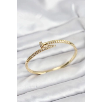 Pirinç Gold Renk Zirkon Taşlı Çivi Model Kadın Kelepçe Bileklik