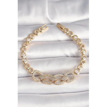 Pirinç Gold Renk Zirkon Taşlı Daire Zincir Model Kadın Bileklik