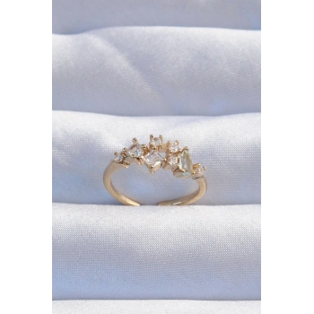 Pirinç Gold Renk Zirkon Taşlı Damla Detay Ayarlanabilir Yüzük