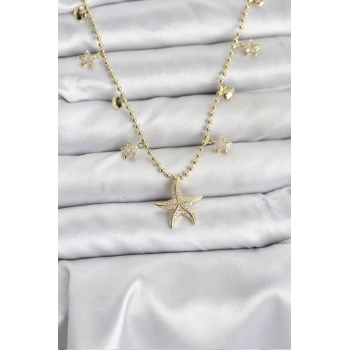Pirinç Gold Renk Zirkon Taşlı Deniz Yıldızı Model Kadın Kolye
