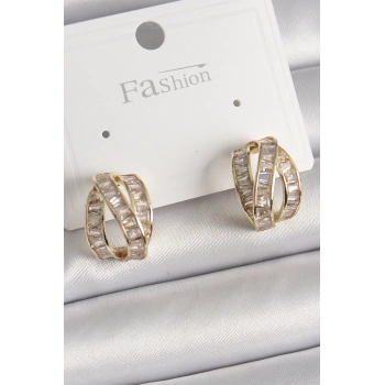 Pirinç Gold Renk Zirkon Taşlı Düğüm Halka Model Kadın Küpe