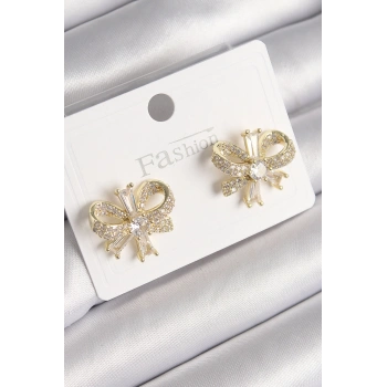 Pirinç Gold Renk Zirkon Taşlı Fiyonk Model Kadın Küpe