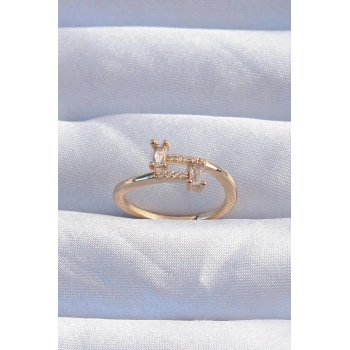 Pirinç Gold Renk Zirkon Taşlı Geometrik Ayarlanabilir Yüzük