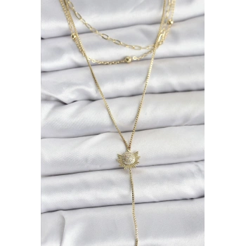 Pirinç Gold Renk Zirkon Taşlı Güneş Model Detaylı 3lü Kombin Y Kadın Kolye