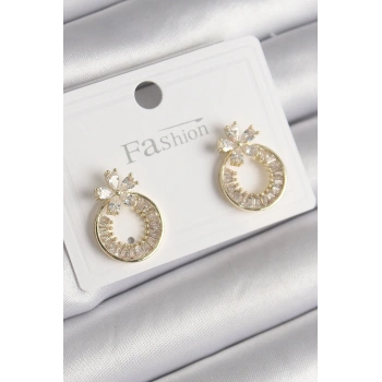 Pirinç Gold Renk Zirkon Taşlı Halka Model Çiçek Figür Kadın Küpe