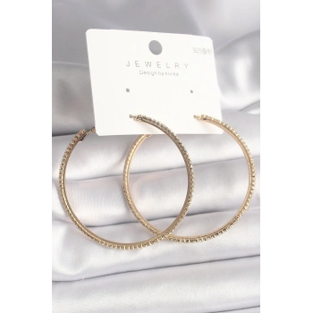 Pirinç Gold Renk Zirkon Taşlı Halka Model Kadın Küpe