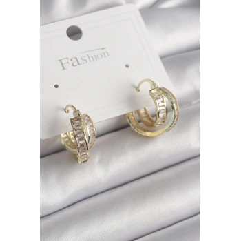 Pirinç Gold Renk Zirkon Taşlı Halka Model Kadın Küpe