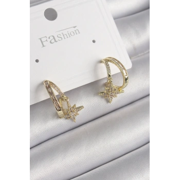 Pirinç Gold Renk Zirkon Taşlı Halka Model Yıldız Detay Kadın Küpe