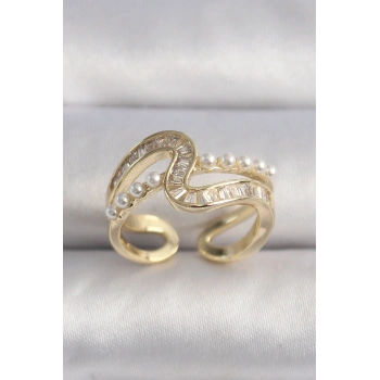 Pirinç Gold Renk Zirkon Taşlı İnci Detay VIP Seri Kadın Yüzük