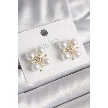 Pirinç Gold Renk Zirkon Taşlı İncili Kadın Küpe