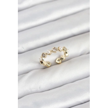 Pirinç Gold Renk Zirkon Taşlı İncili Kadın Yüzük