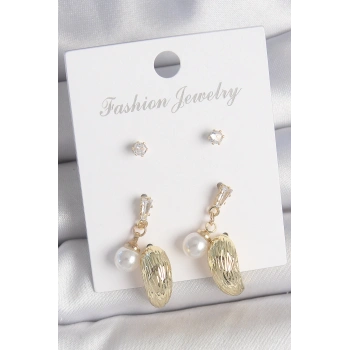 Pirinç Gold Renk Zirkon Taşlı İncili Sallantılı İşlemeli Damla Model 3 Çift Kadın Küpe Seti