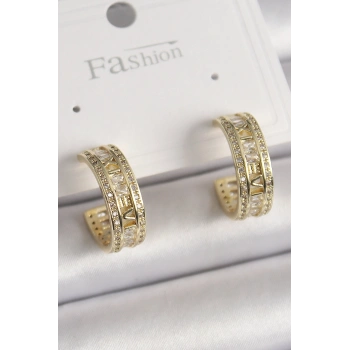 Pirinç Gold Renk Zirkon Taşlı İşleme Detay Halka Model Kadın Küpe