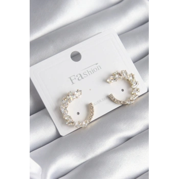 Pirinç Gold Renk Zirkon Taşlı Kadın Küpe