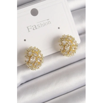 Pirinç Gold Renk Zirkon Taşlı Kadın Küpe