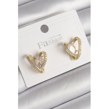 Pirinç Gold Renk Zirkon Taşlı Kalp Model Kadın Küpe