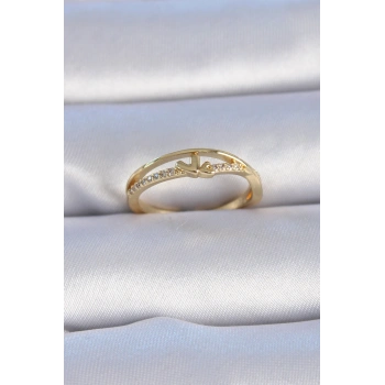 Pirinç Gold Renk Zirkon Taşlı Kalp Model Kadın Yüzük