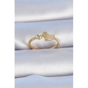 Pirinç Gold Renk Zirkon Taşlı Kalp Model Kadın Yüzük