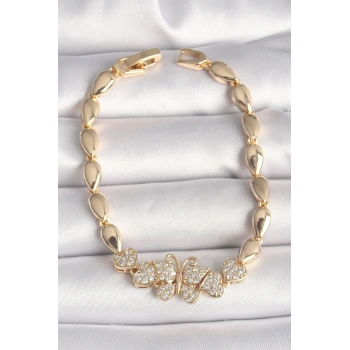 Pirinç Gold Renk Zirkon Taşlı Kelebek Figür Damla Zincir Model Kadın Bileklik