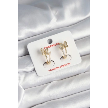 Pirinç Gold Renk Zirkon Taşlı Kelebek Model Kadın Küpe