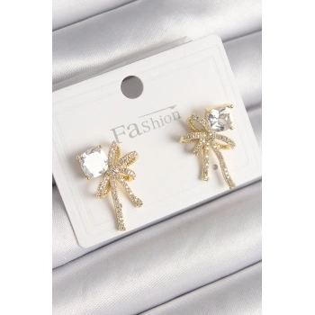 Pirinç Gold Renk Zirkon Taşlı Kurdele Model Kadın Küpe