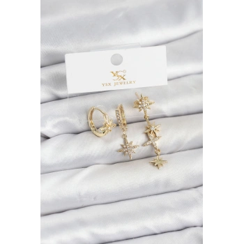 Pirinç Gold Renk Zirkon Taşlı Kutup Yıldızı Model YSX Trio Küpe Seti