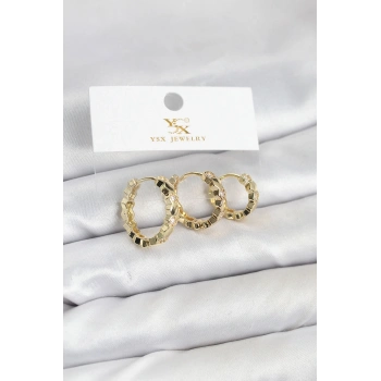 Pirinç Gold Renk Zirkon Taşlı Petek Halka Model YSX Trio Küpe Seti
