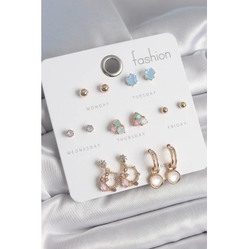 Pirinç Gold Renk Zirkon Taşlı Sallantı Halka Figür Kalp Detay 7 Çift Kadın Küpe