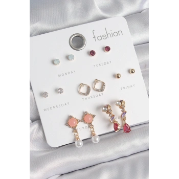 Pirinç Gold Renk Zirkon Taşlı Sallantı İnci Detay 7 Çift Kadın Küpe