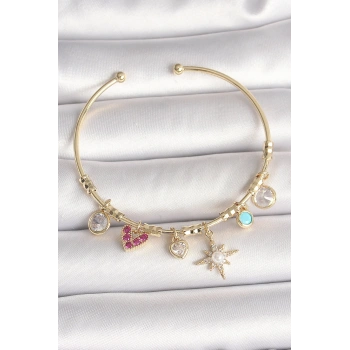 Pirinç Gold Renk Zirkon Taşlı Sallantı Kutup Yıldız Figür İnci Detay Charm Kadın Bileklik