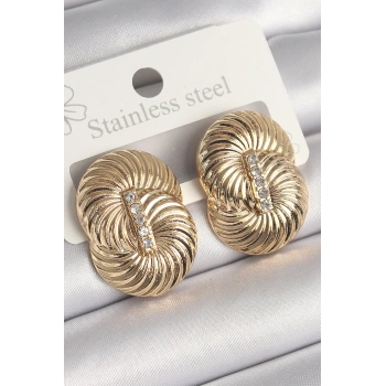 Pirinç Gold Renk Zirkon Taşlı Sarmal Model Kadın Küpe