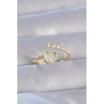 Pirinç Gold Renk Zirkon Taşlı Sedefli Kalp Model Ayarlanabilir Yüzük