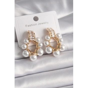 Pirinç Gold Renk Zirkon Taşlı Su Yolu İncili Halka Model Kadın Küpe