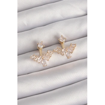 Pirinç Gold Renk Zirkon Taşlı V Model Küpe